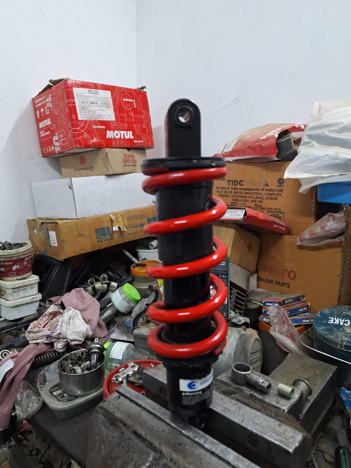 Motorcycle engine being serviced